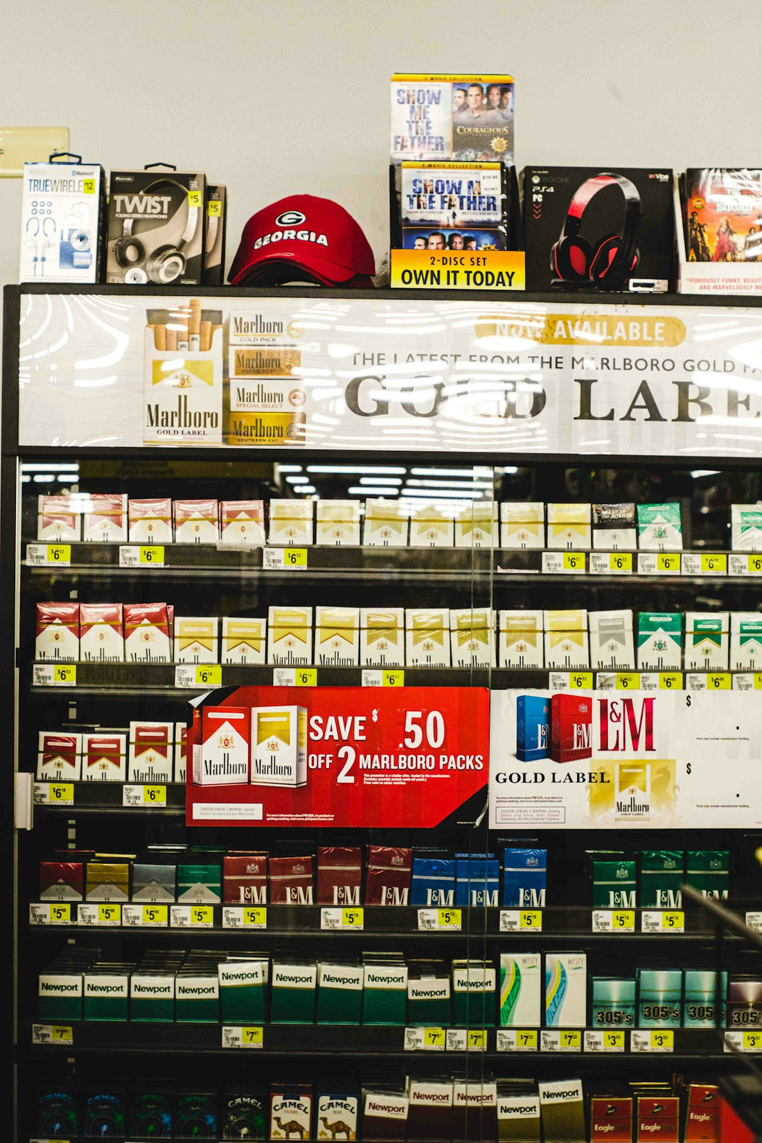 a display of cigarettes and cigarettes in a store